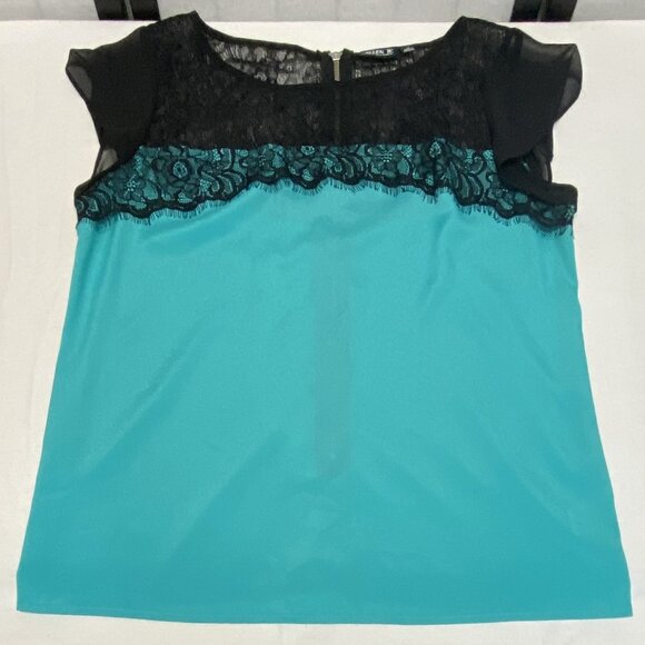 Allen B Allen Schwartz Sheer Lace Bodice Cap Sleeve Back Zip Top Turquoise Black - Picture 7 of 11
